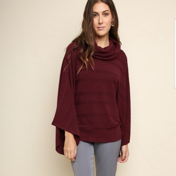 Burgundy Ribbed Sweater w/ Kimono Sleeves/Cowlneck - Picture 4 of 5